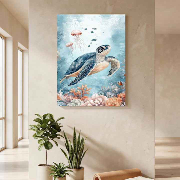 Wadi Home sea turtle and jellyfish coral reef watercolor wall art. Features a sea turtle swimming with jellyfish, coral, and fish in a blue ocean.