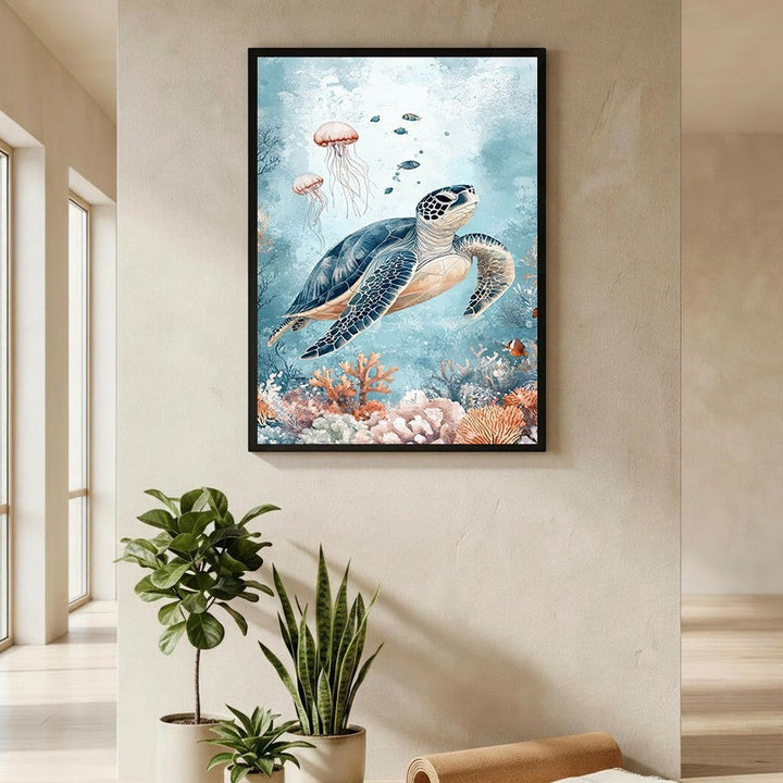 Wadi Home sea turtle swimming with jellyfish and coral reef in watercolor style. Coastal wall art.