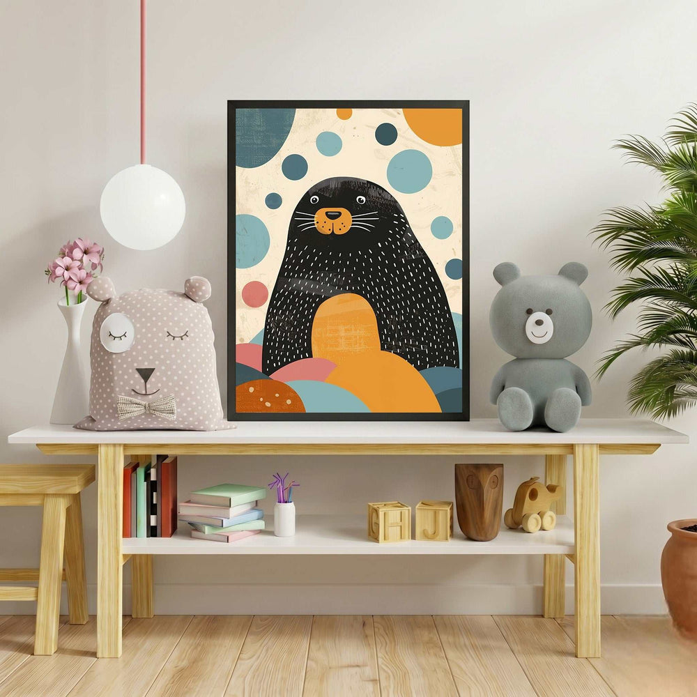 Wadi Home framed wall art featuring a black seal with white speckles and orange accents, surrounded by colorful abstract bubbles and shapes.