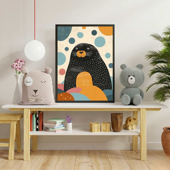 Wadi Home framed wall art featuring a black seal with white speckles and orange accents, surrounded by colorful abstract bubbles and shapes.