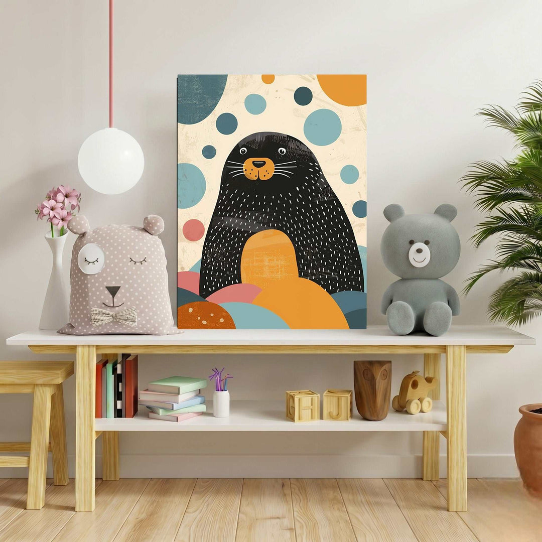 Wadi Home whimsical seal and bubbles wall art, featuring a black seal with white speckles and orange accents, surrounded by abstract blue and pink bubbles. Modern graphic style, perfect for a child's room.