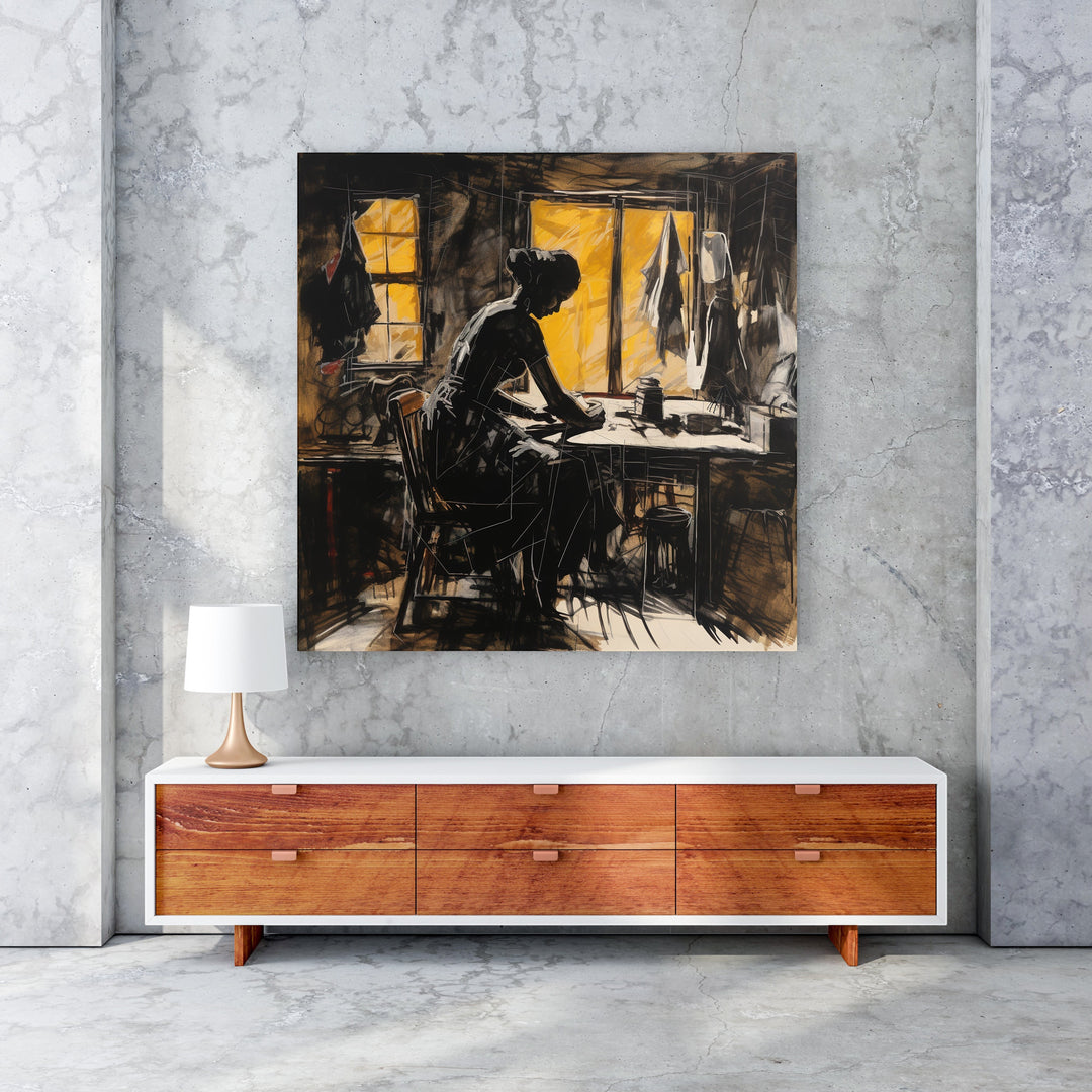Wadi Home The Seamstress At Work wall art, sketch-style silhouette of a woman sewing at a table, warm yellow window light.
