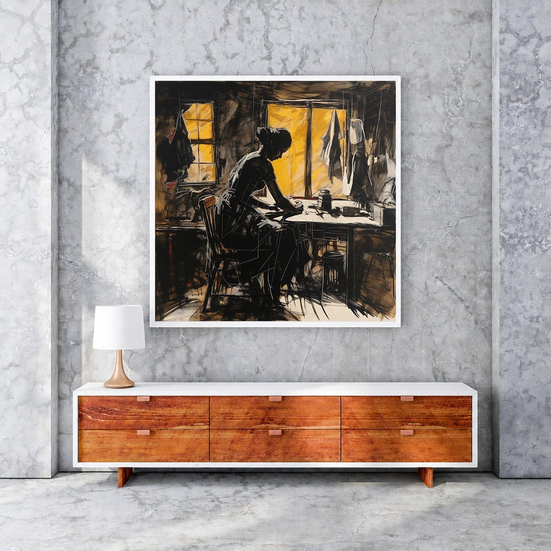 Wadi Home The Seamstress At Work wall art, sketch-style silhouette of a woman sewing at a table, warm yellow window light.