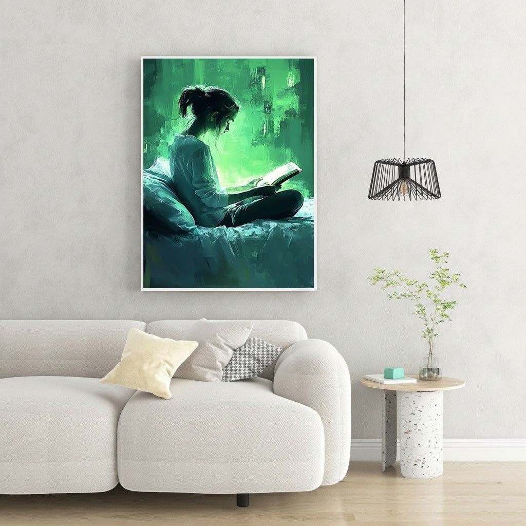Wadi Home abstract impressionistic wall art of a woman reading a book in a green, ethereal glow.