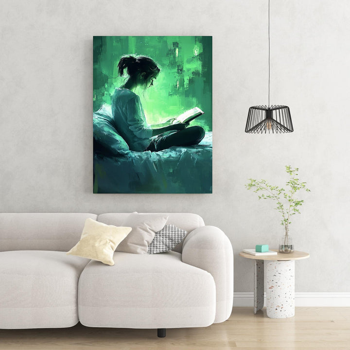 Wadi Home abstract impressionistic wall art of a woman reading a book in a green glow, seated on a bed.