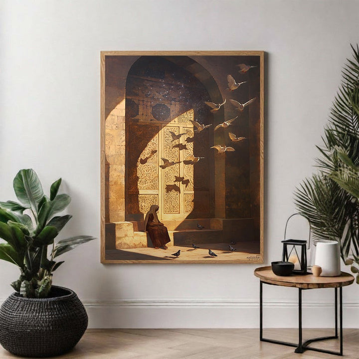 Wadi Home Serene Solitude wall art depicts a figure in an arched doorway with birds flying against a starry sky. Earthy tones and warm sunlight create a tranquil atmosphere.