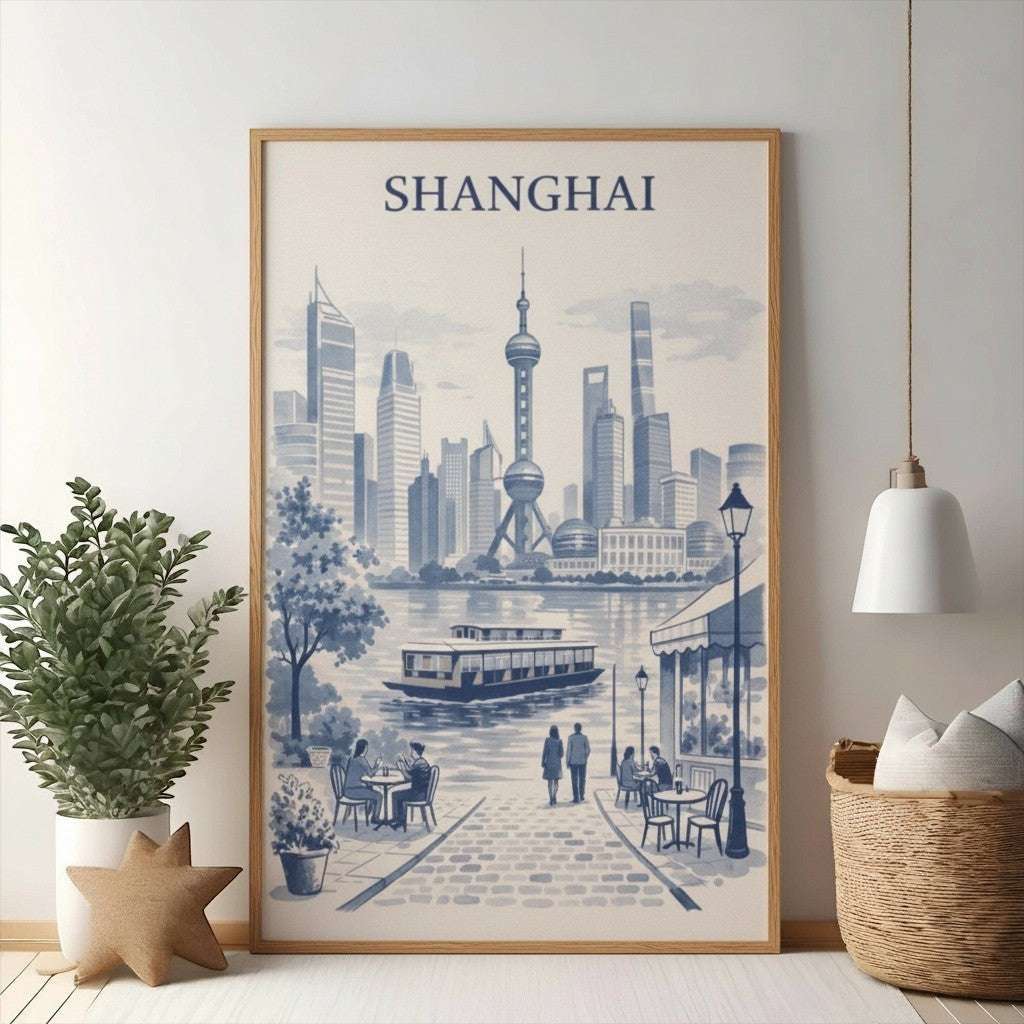 Wadi Home Shanghai skyline waterfront scene artwork in blue and white. Features Oriental Pearl Tower and river cruise.