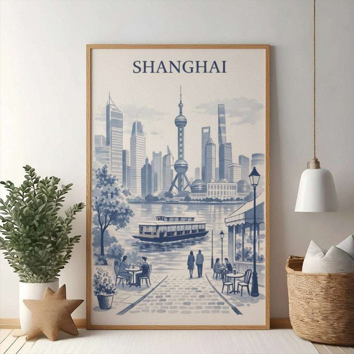 Wadi Home Shanghai skyline waterfront scene artwork in blue and white. Features Oriental Pearl Tower and river cruise.