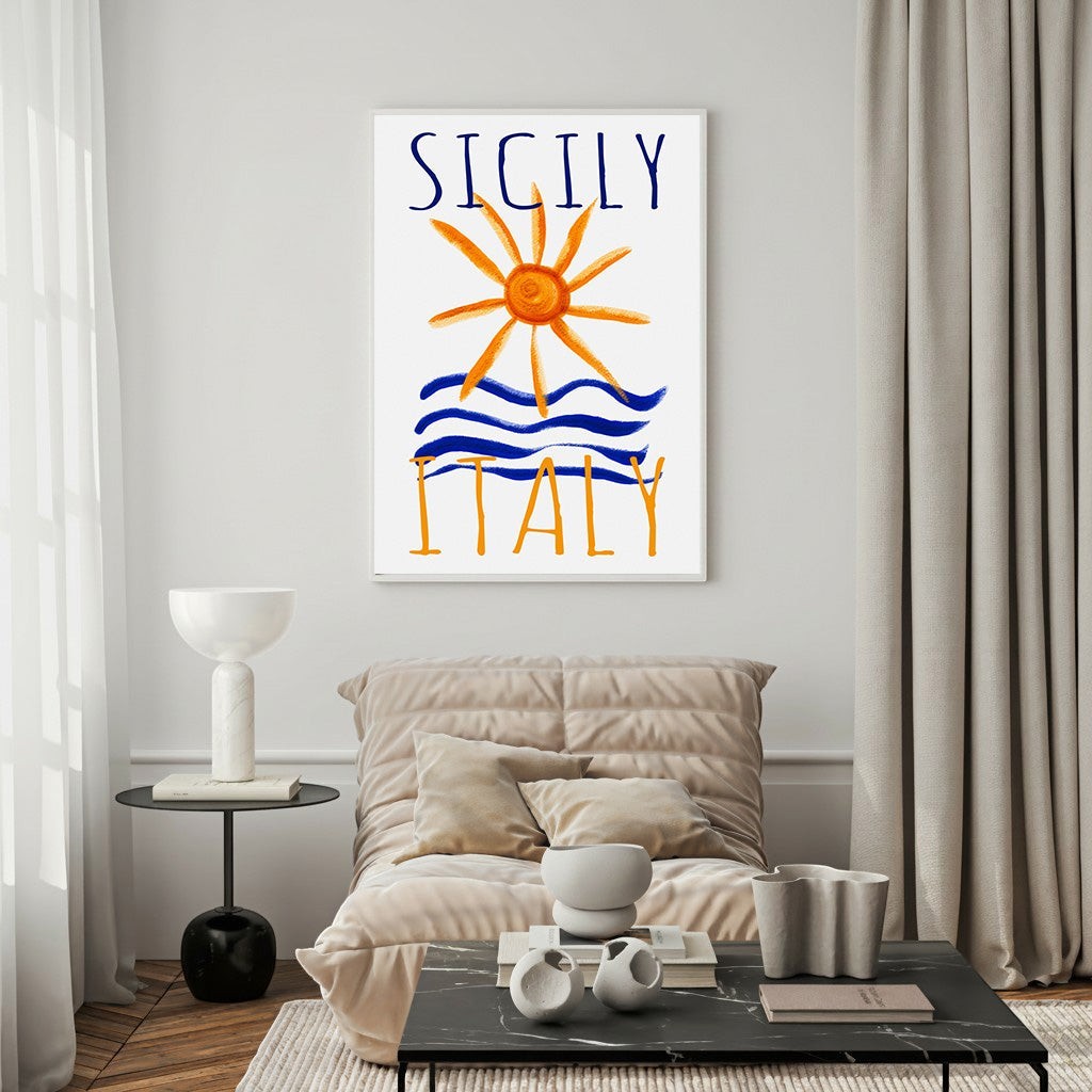 Wadi Home Sicily Italy Sun and Sea poster with hand-drawn orange sun, blue waves, and text.