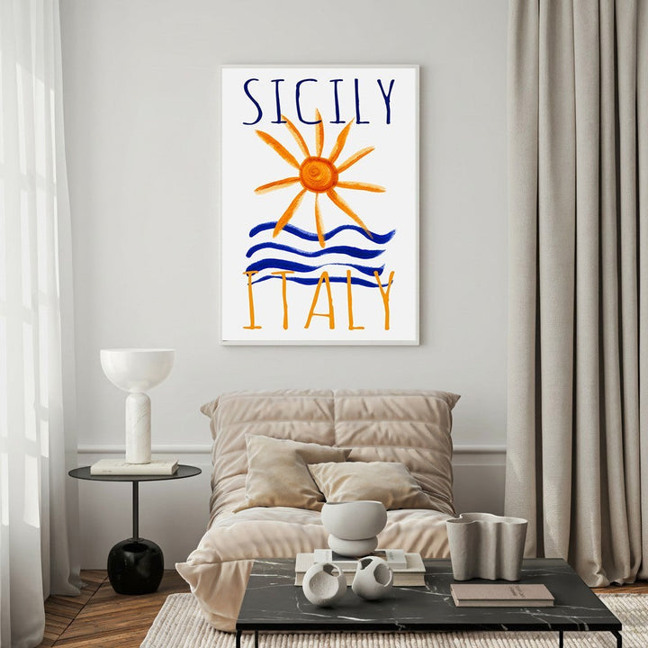 Wadi Home Sicily Italy Sun and Sea poster with hand-drawn orange sun, blue waves, and text.