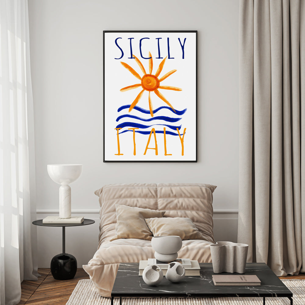 Wadi Home Sicily Italy Sun and Sea poster with hand-drawn orange sun and blue waves.