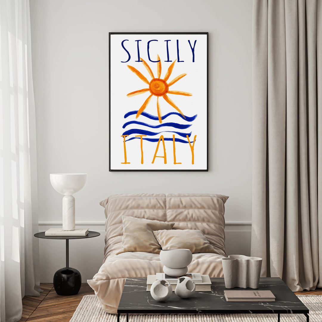 Wadi Home Sicily Italy Sun and Sea poster with hand-drawn orange sun and blue waves.