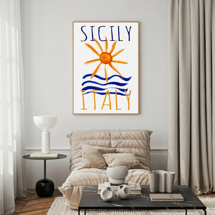 Wadi Home Sicily Italy Sun and Sea poster with hand-drawn orange sun and blue waves.