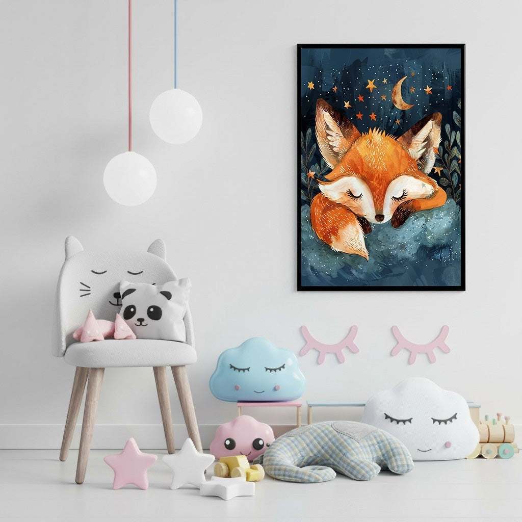 Wadi Home framed wall art of a sleeping fox on a cloud under a starry night sky with a crescent moon.