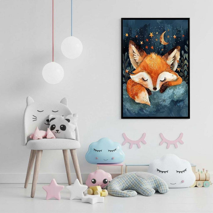 Wadi Home framed wall art of a sleeping fox on a cloud under a starry night sky with a crescent moon.