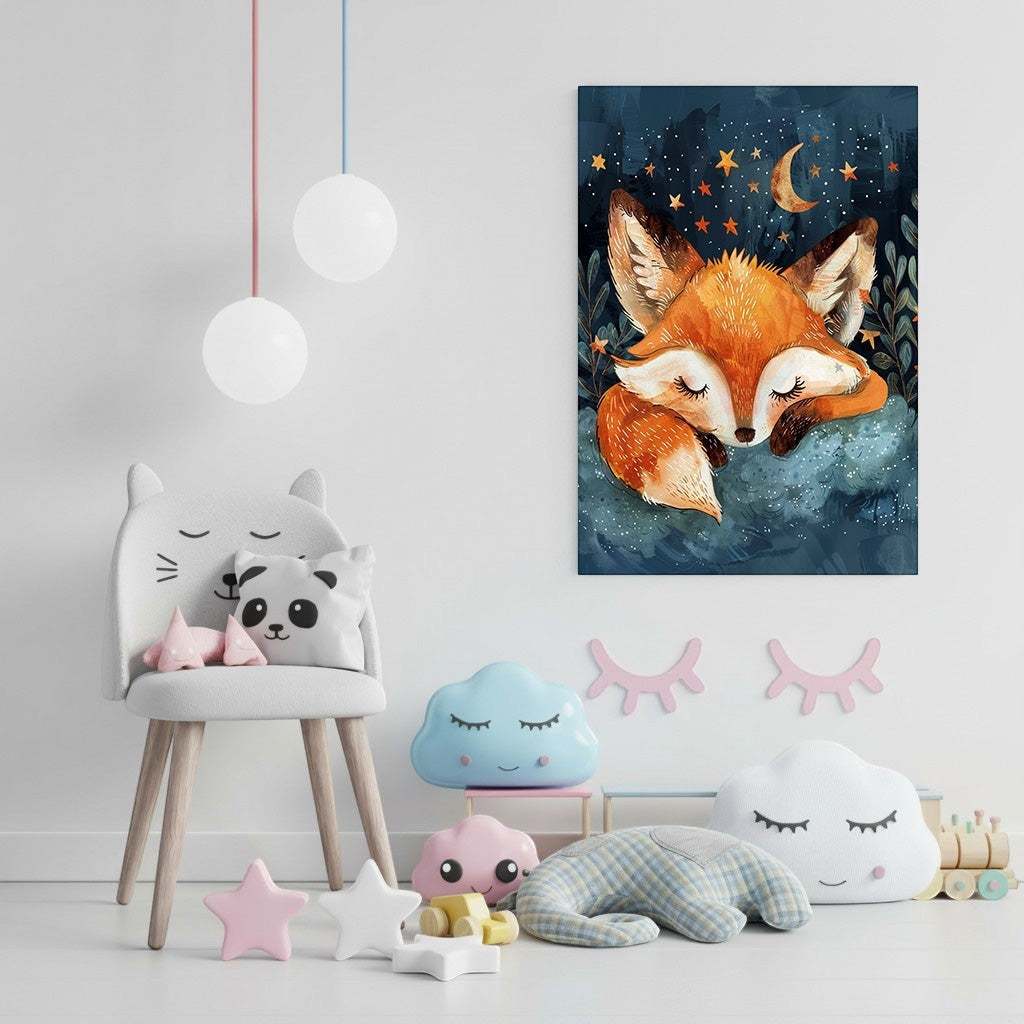 Wadi Home sleeping fox under starry night sky wall art, featuring a fox on a cloud with a crescent moon.