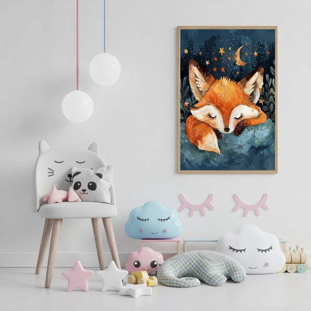 Wadi Home sleeping fox art on a starry night sky with a crescent moon, perfect for nursery decor.