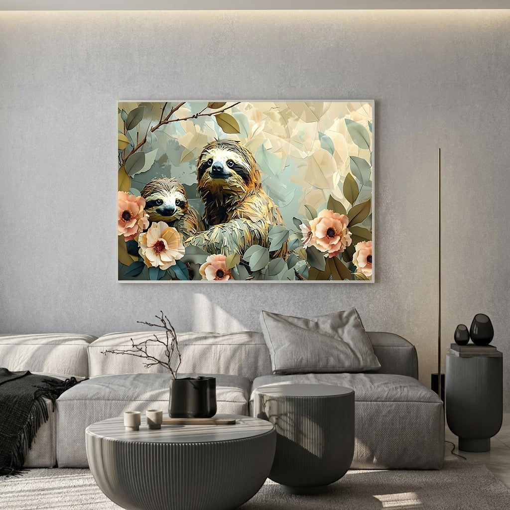 Wadi Home sloth family wall art with peach flowers and green leaves, soft pastel colors.