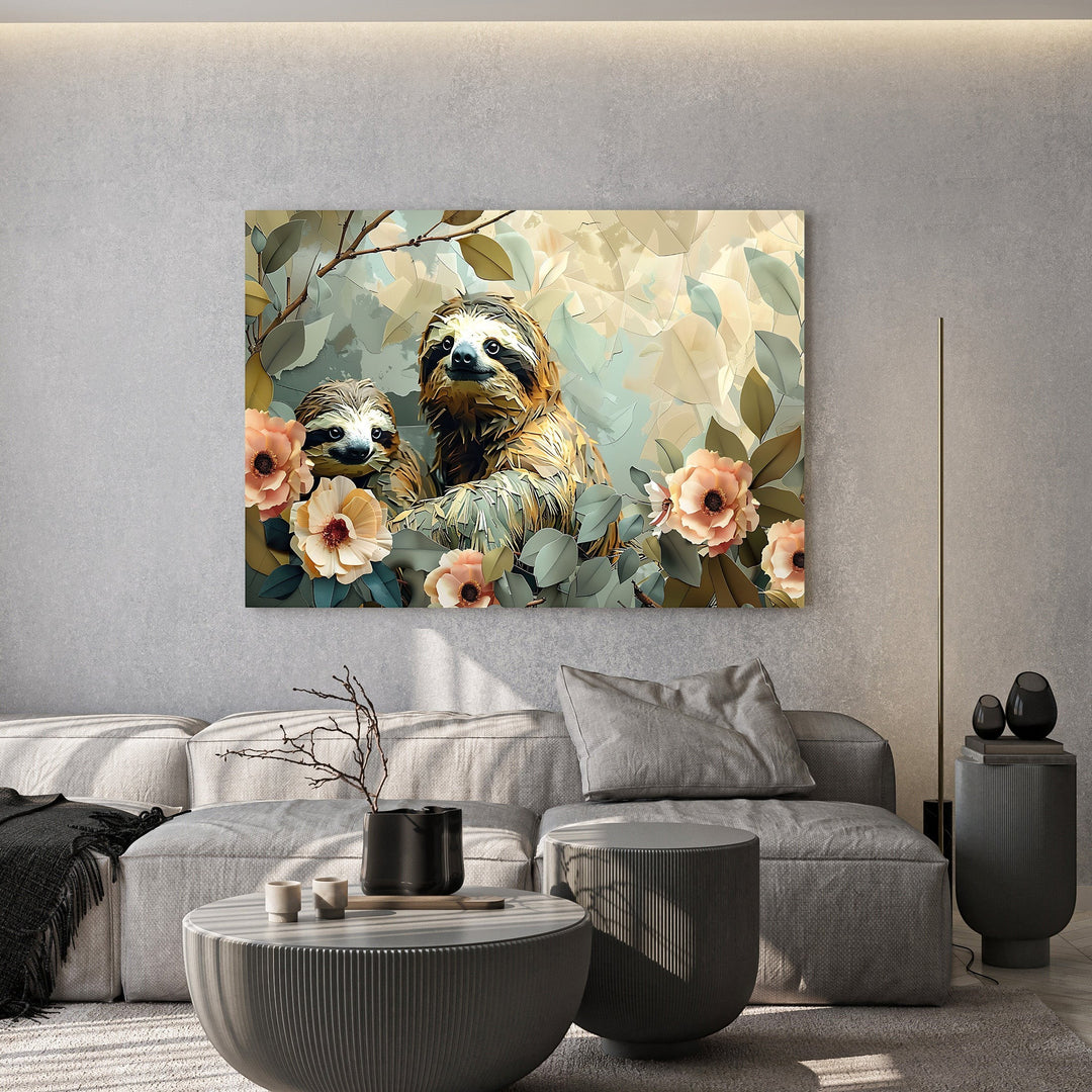 Wadi Home sloth family in floral garden wall art, featuring two sloths nestled amongst peach and cream flowers and green foliage.