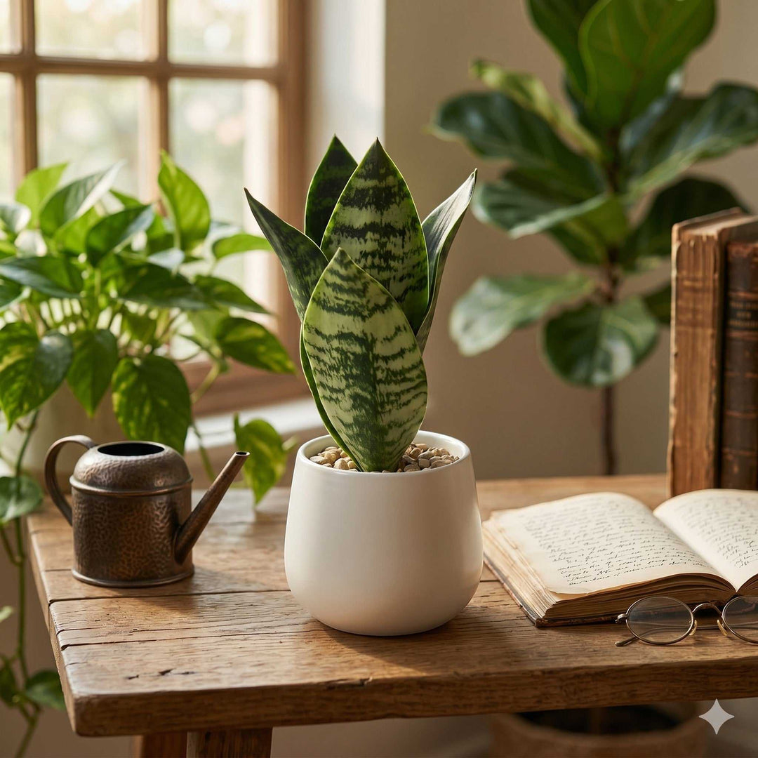Wadi Home Snake Plant in a white ceramic pot with variegated green leaves, on a wooden table with books and a watering can.