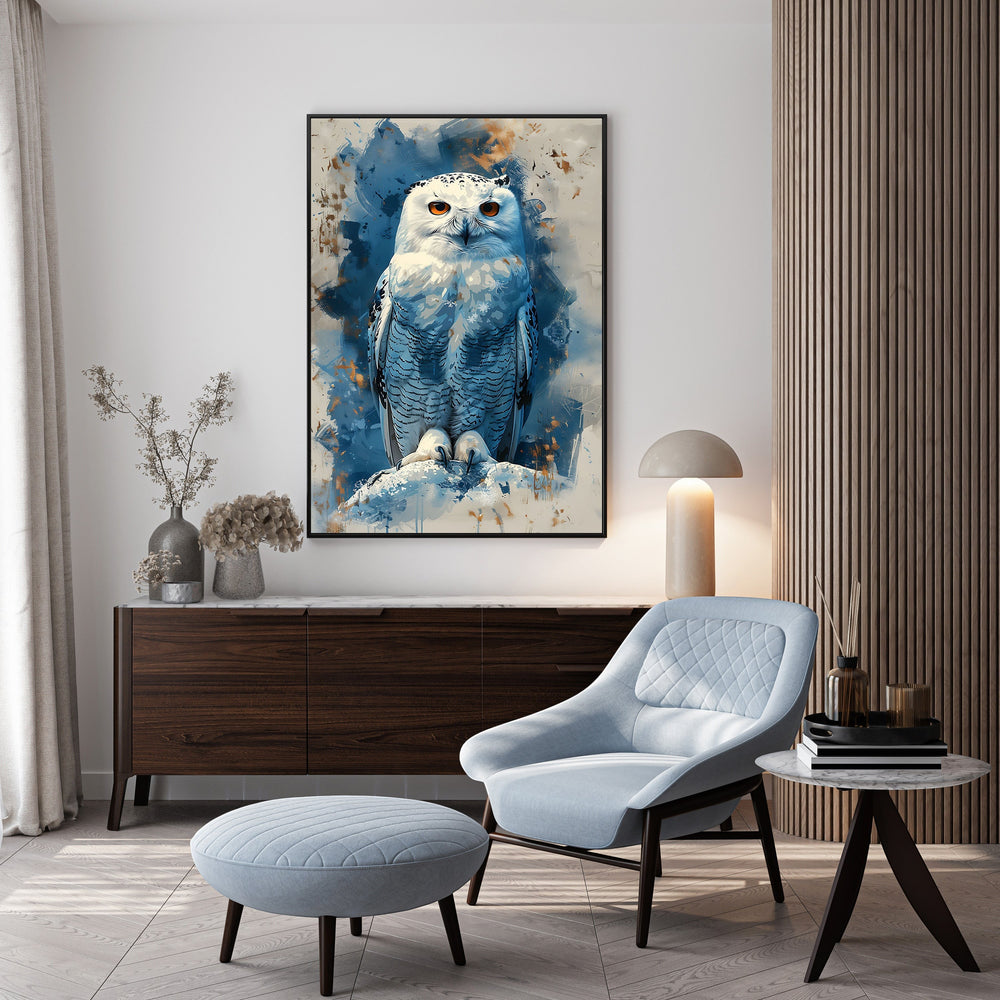 Wadi Home majestic snowy owl watercolor art with piercing orange eyes, blue and white tones.