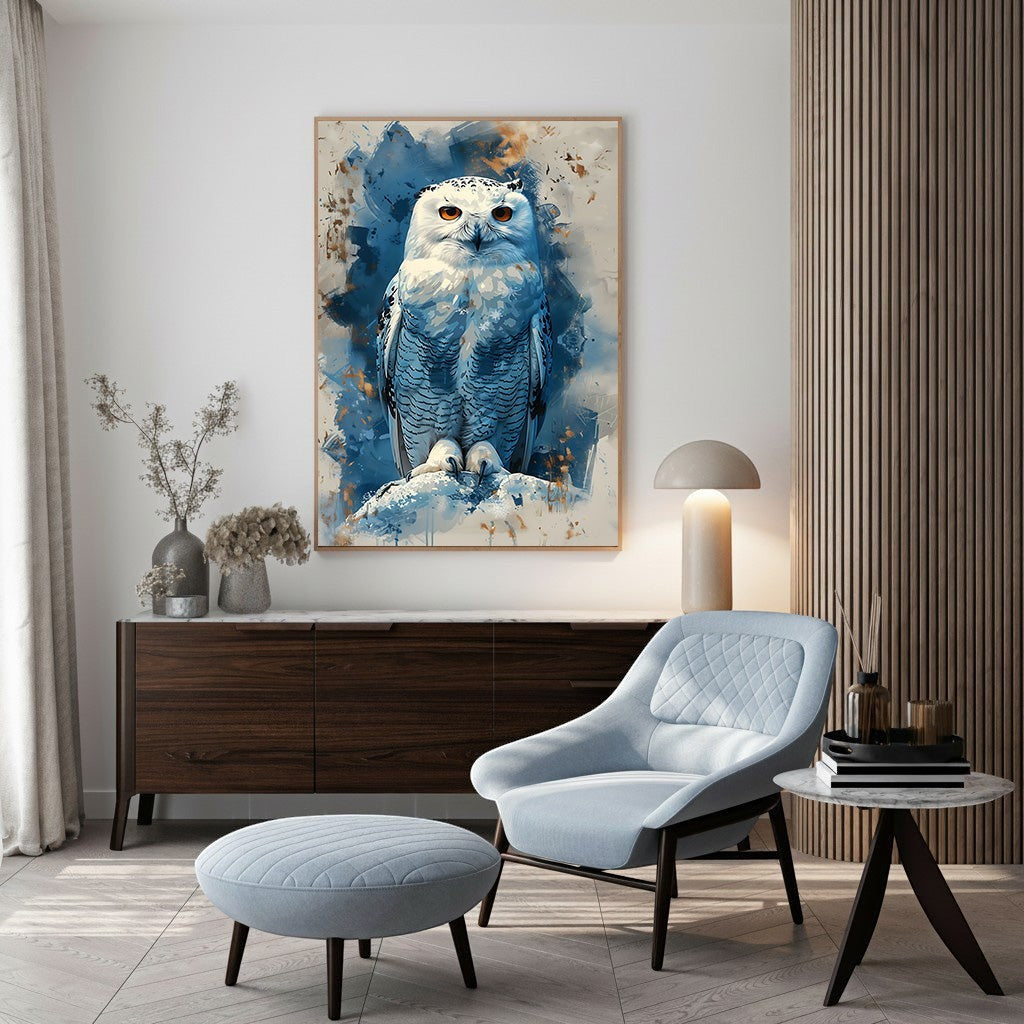 Wadi Home Majestic Snowy Owl watercolor art with piercing orange eyes, blue and white tones.