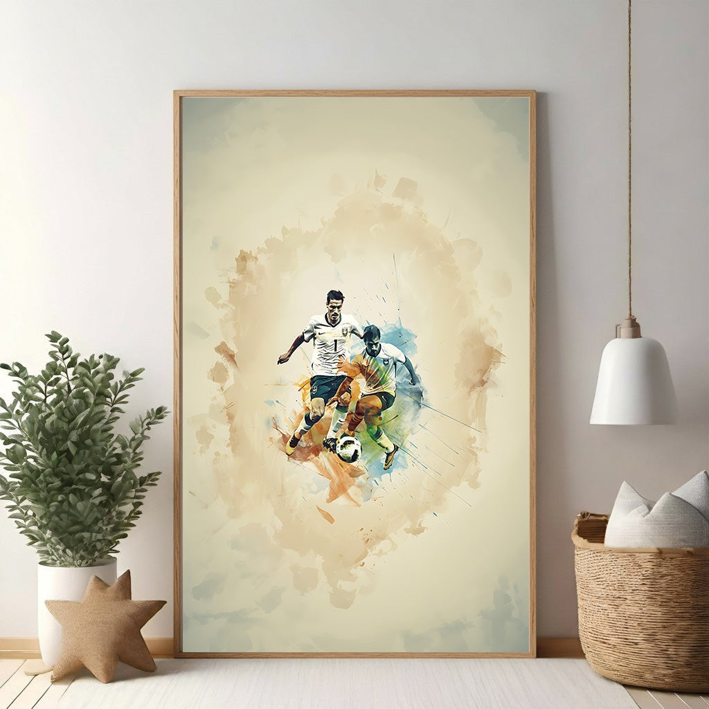 Wadi Home dynamic soccer action watercolor print featuring two players battling for the ball with vibrant splashes and bold lines.
