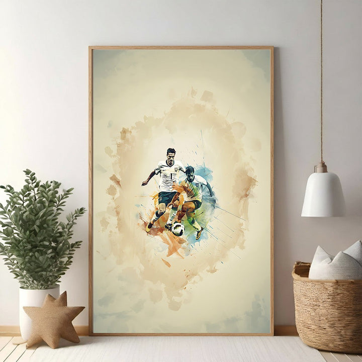 Wadi Home dynamic soccer action watercolor print featuring two players battling for the ball with vibrant splashes and bold lines.