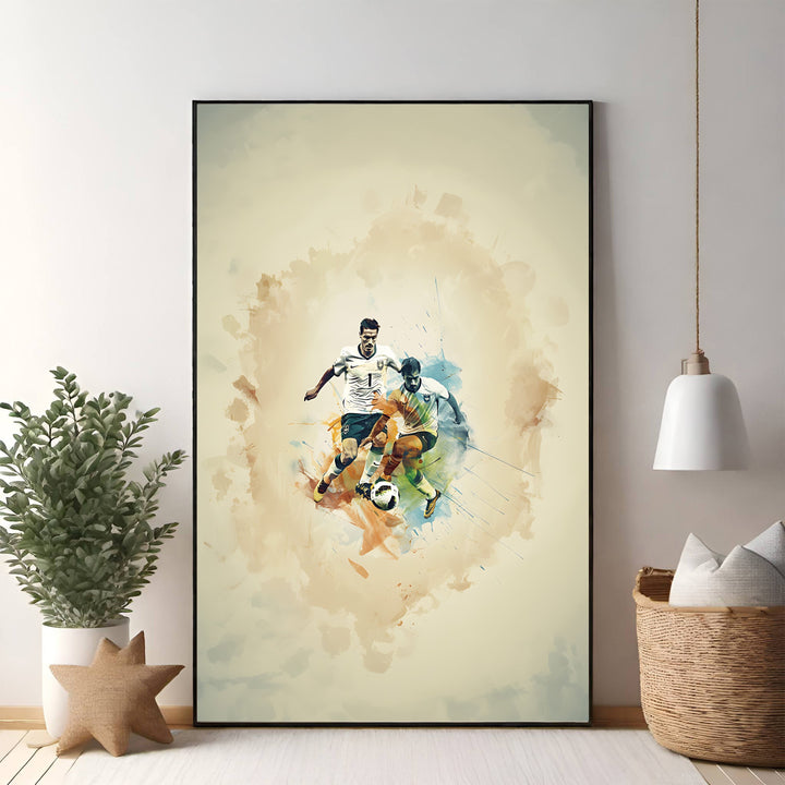 Wadi Home dynamic soccer action watercolor print featuring two players battling for the ball with vibrant splashes and bold lines.