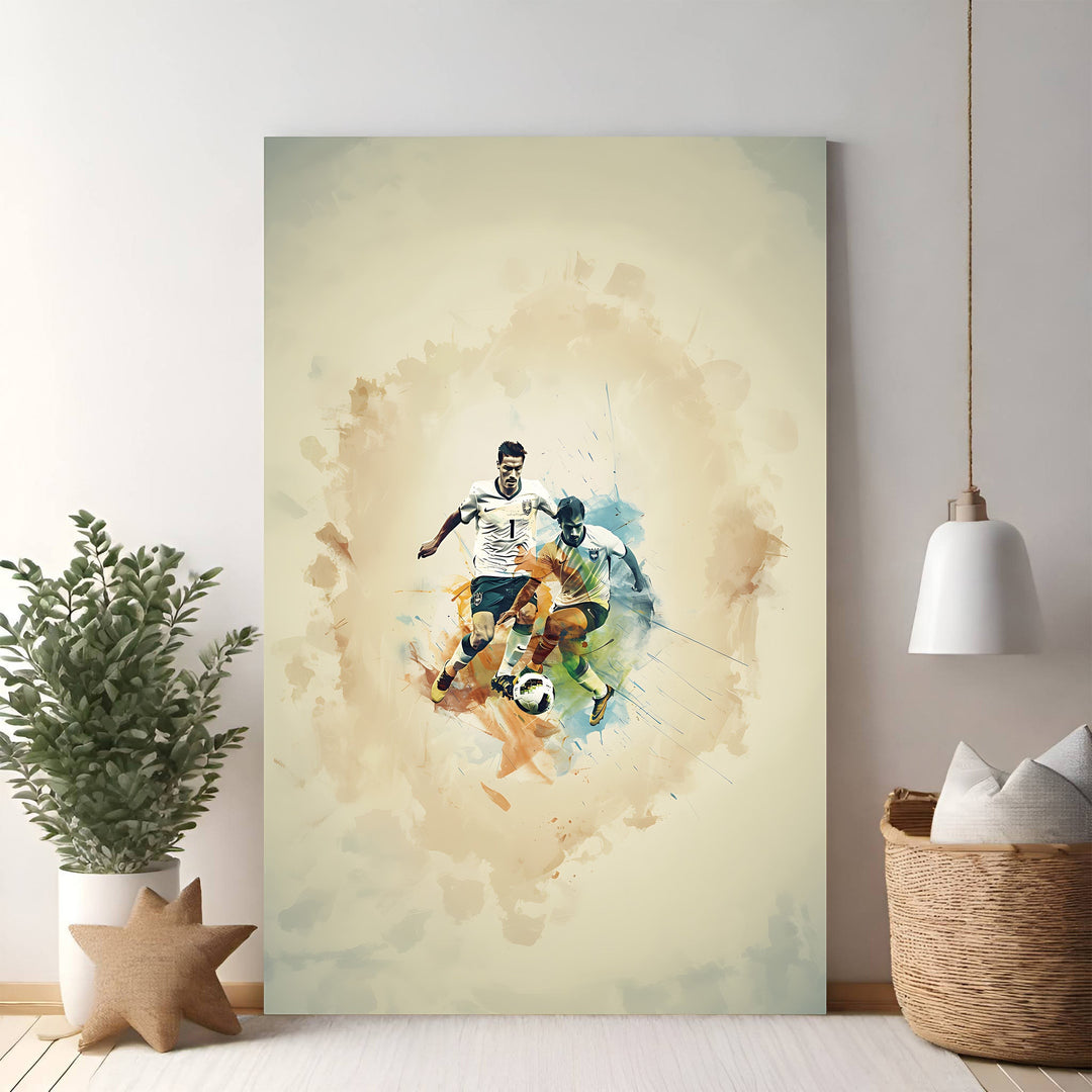 Wadi Home dynamic soccer action watercolor print featuring two players battling for the ball, abstract background.