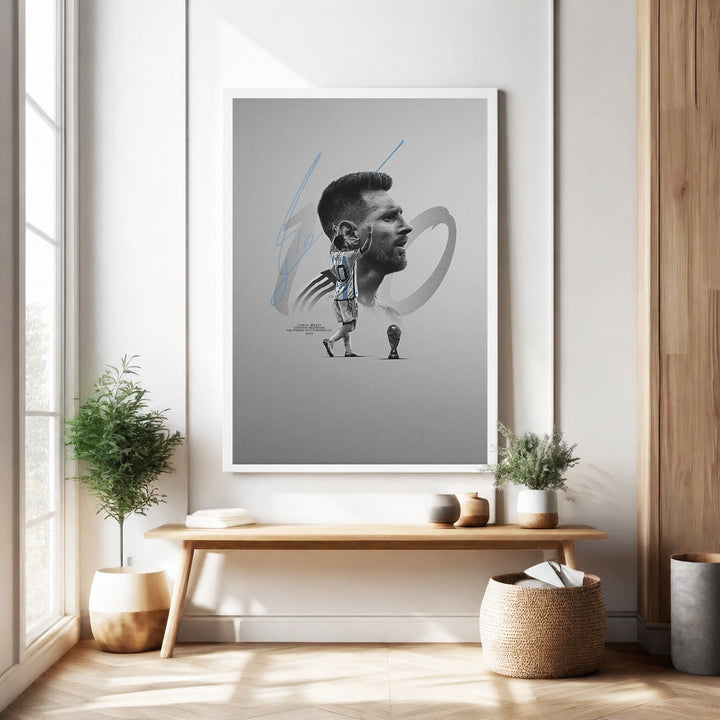 Wadi Home framed wall art featuring a portrait of soccer legend Lionel Messi in his Argentina jersey, with his signature and a trophy graphic.