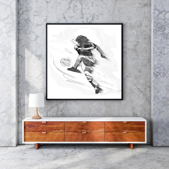Wadi Home black and white sketch art of a soccer player in mid-kick, conveying dynamic action and speed.