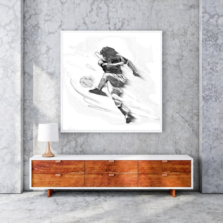 Wadi Home black and white sketch art of a soccer player in mid-kick, conveying speed and intensity.