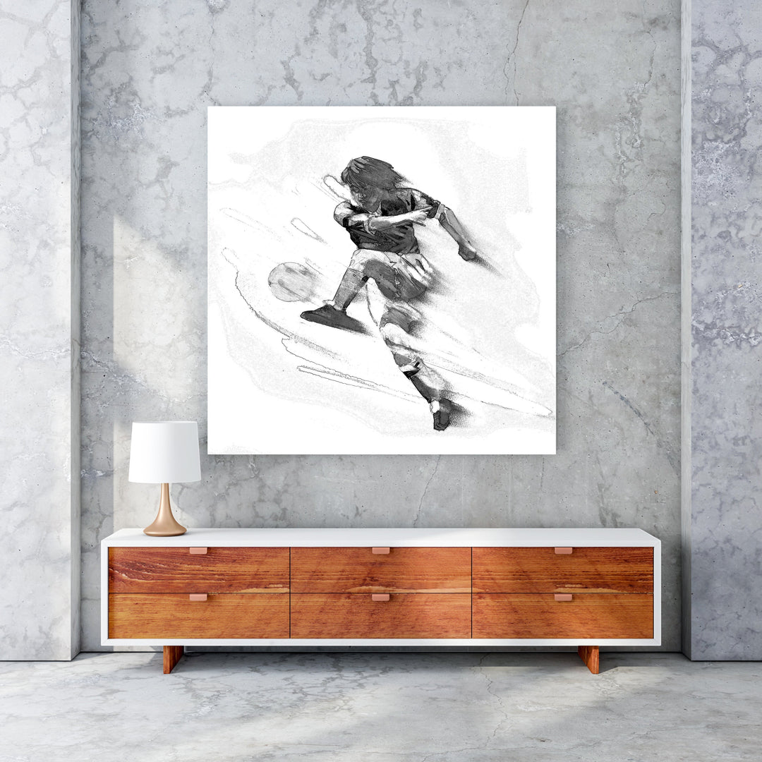 Wadi Home dynamic black and white sketch art of a soccer player in mid-kick, conveying speed and intensity.