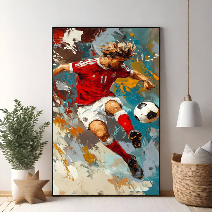 Wadi Home dynamic soccer player action painting in red and white, vibrant palette, energetic brushstrokes, bold depiction of player mid-action.