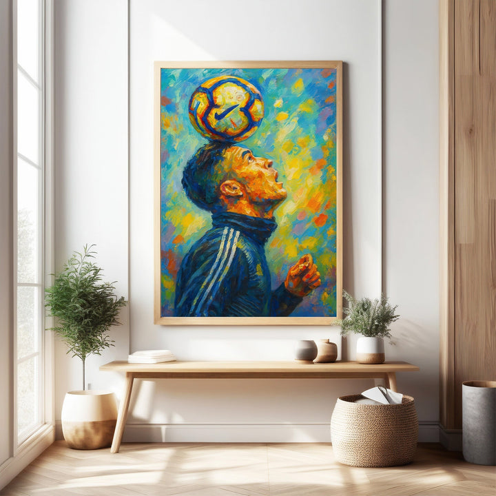 Wadi Home framed art print of a soccer player balancing a ball on his head, vibrant colors, impressionistic style.