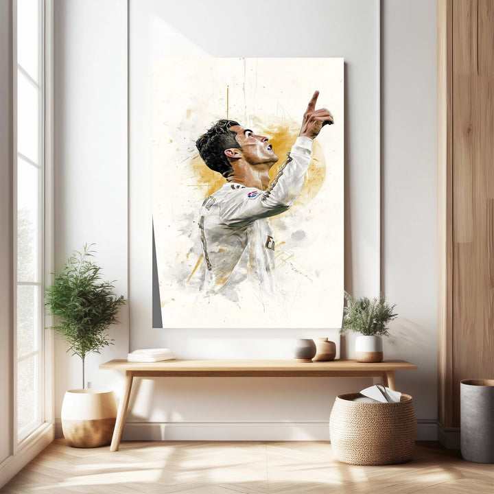 Wadi Home soccer player celebration art print, watercolor style, white and gold tones, dynamic action pose.