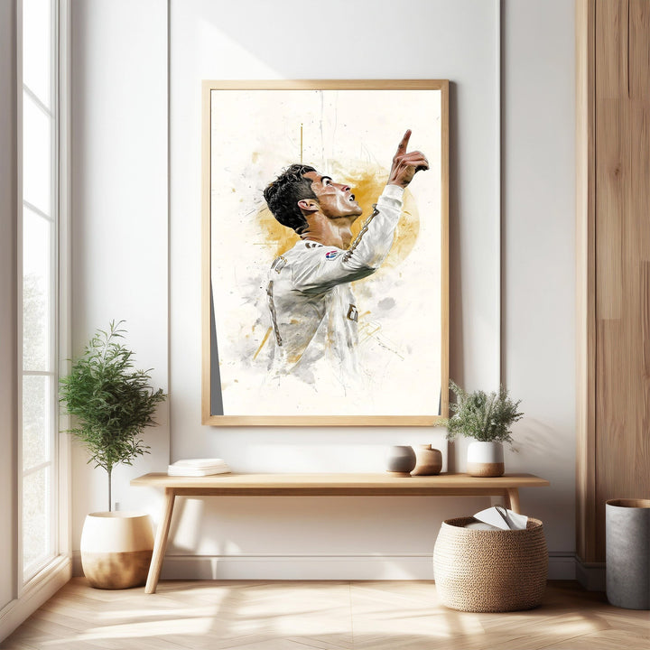 Wadi Home soccer player celebration art print, watercolor style, white, gold, grey tones, framed.
