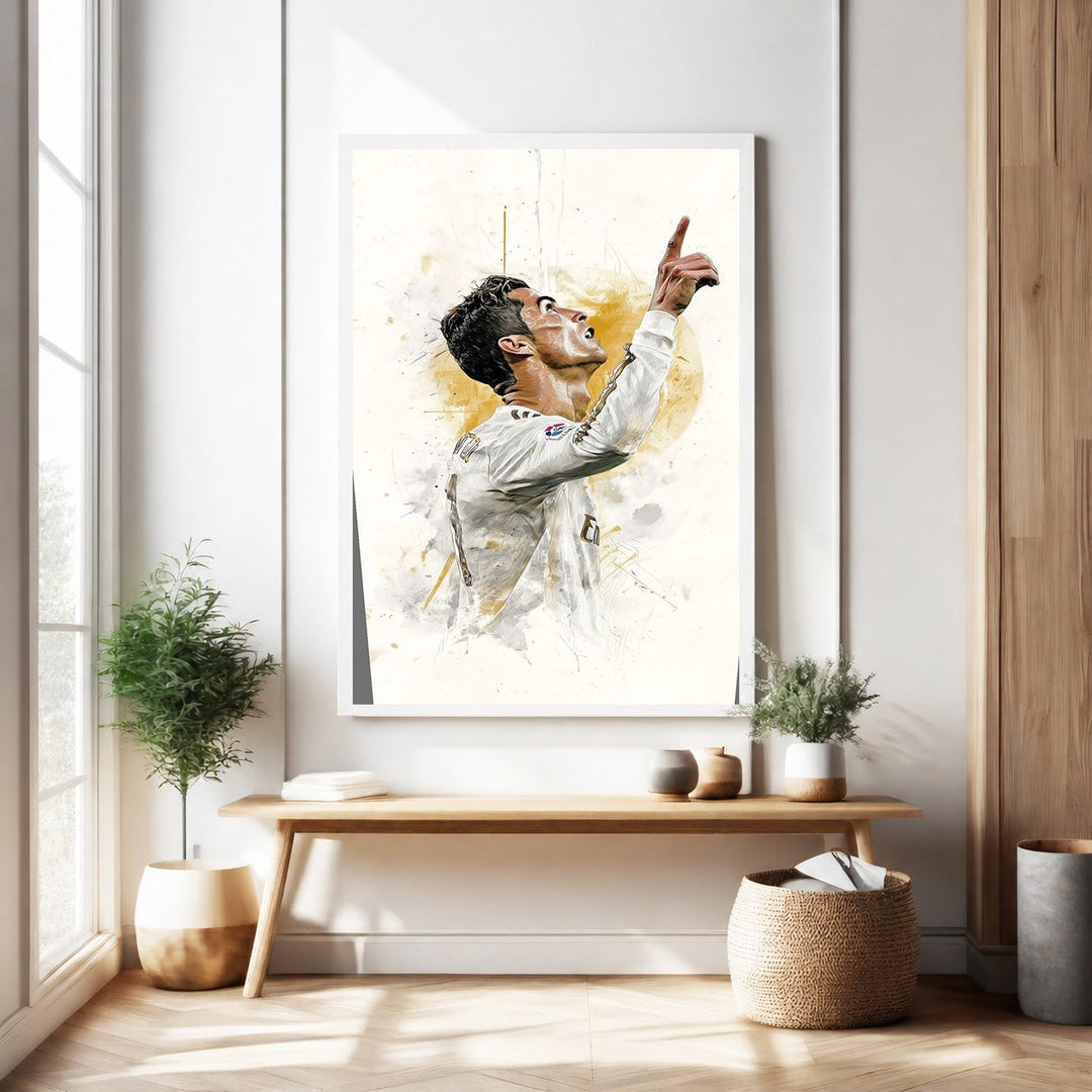 Wadi Home soccer player celebration art print, watercolor style, white and gold tones, framed.