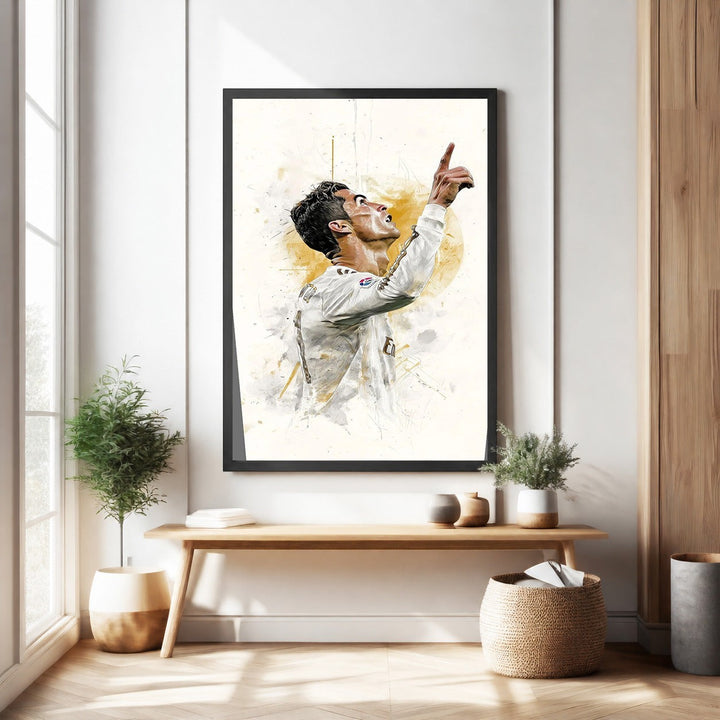 Wadi Home soccer player celebration art print, watercolor style, white and gold tones, framed.
