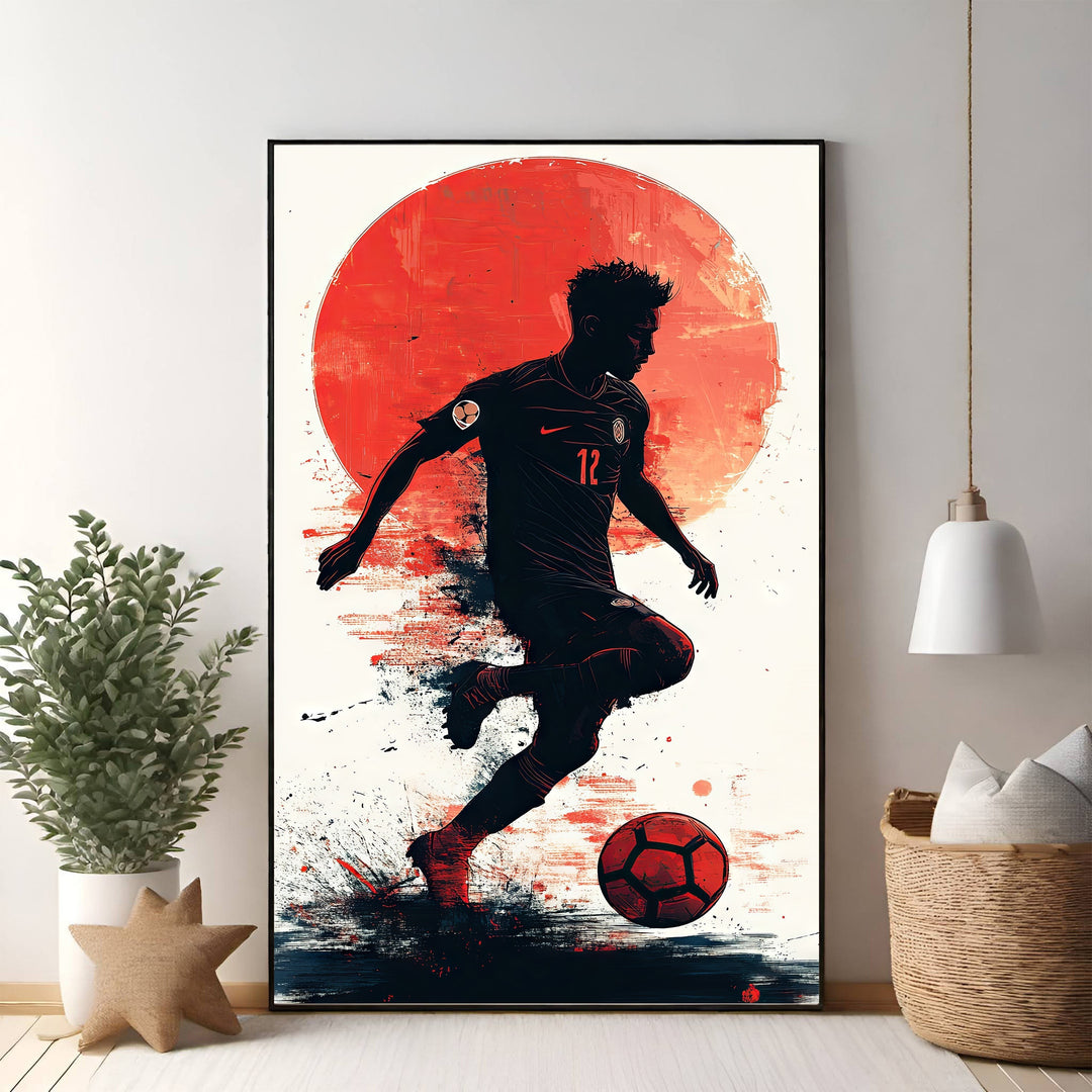 Wadi Home dynamic soccer player silhouette art in black and red, featuring a player kicking a ball against a textured red sun.