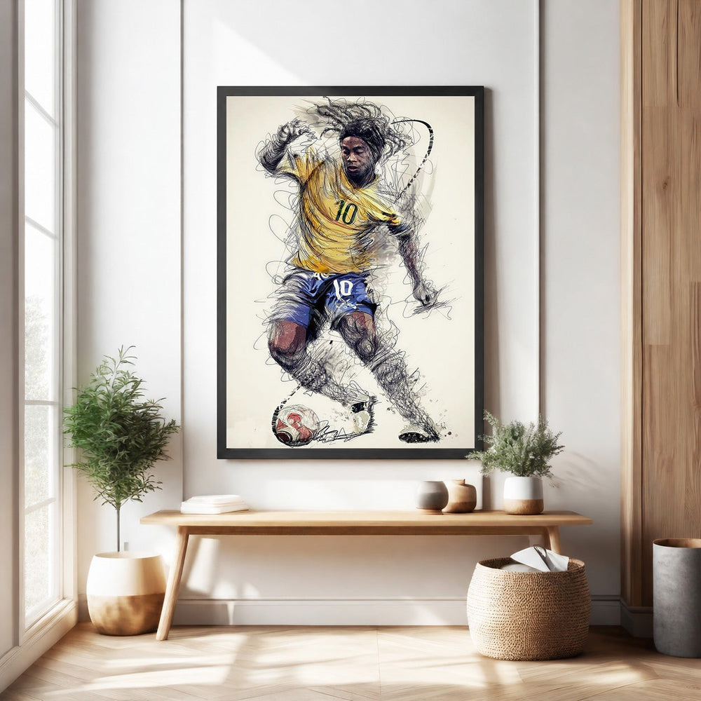 Wadi Home dynamic soccer player sketch wall art, yellow jersey, blue shorts, textured background, modern flair.