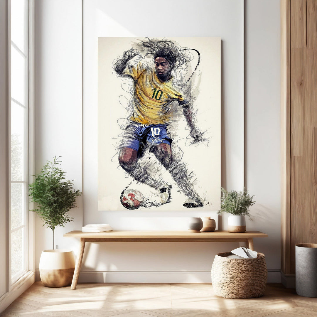 Wadi Home dynamic soccer player sketch wall art, yellow jersey, blue shorts, textured background, modern flair.