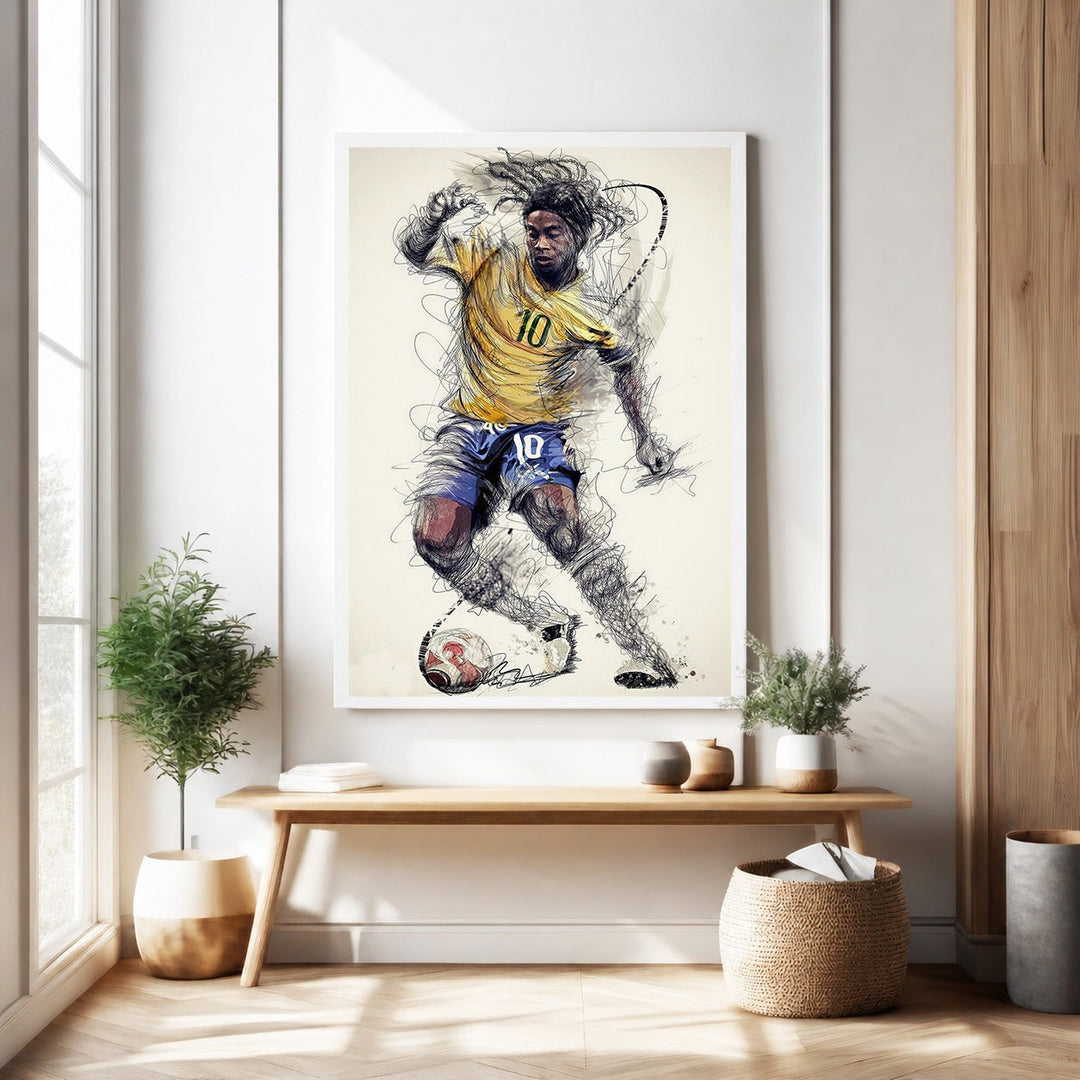 Wadi Home dynamic soccer player sketch wall art, yellow jersey, blue shorts, textured background, modern flair.