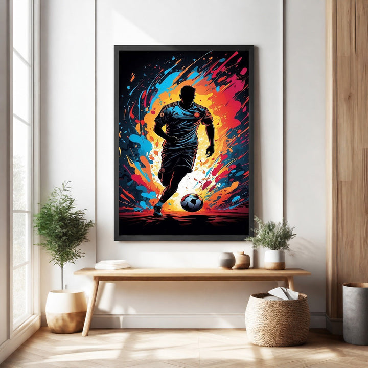 Wadi Home dynamic soccer player wall art, silhouetted player in action with vibrant abstract colors, modern sports decor.