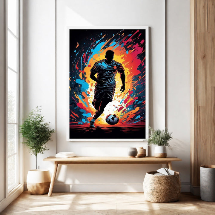 Wadi Home dynamic soccer player wall art, silhouetted figure in action with vibrant abstract colors and a soccer ball.