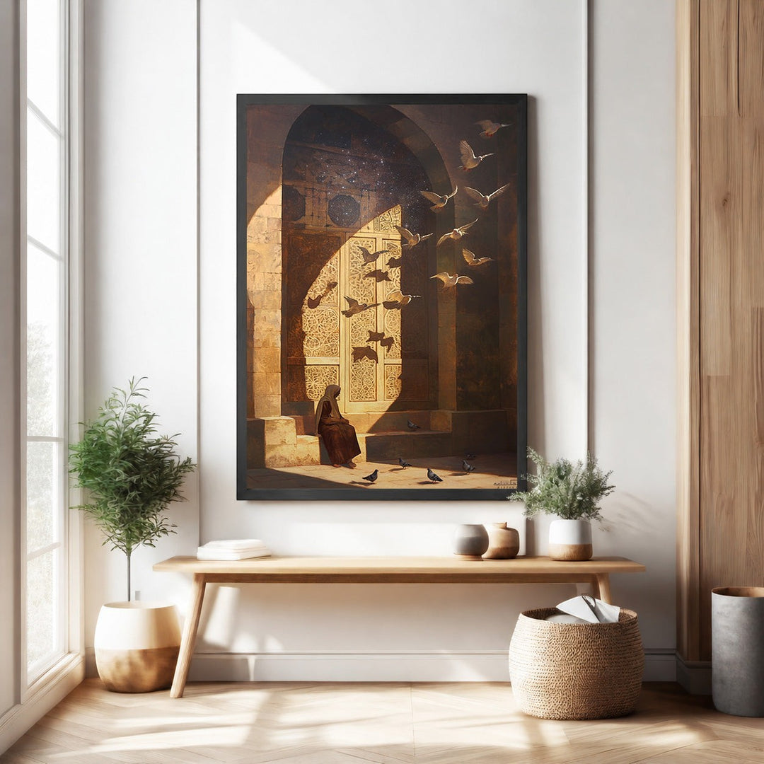 Wadi Home wall art depicting a solitary figure in traditional robes seated near ancient architecture, with a flock of birds taking flight. Warm golden hues and dramatic lighting.