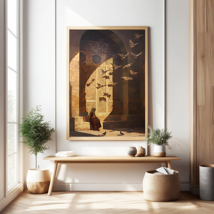 Wadi Home wall art depicting a solitary figure in traditional robes seated before an ornate doorway with birds flying out. Warm golden light.