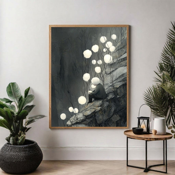Wadi Home artwork: Solitary figure reading on rocks surrounded by glowing orbs, muted colors, atmospheric.