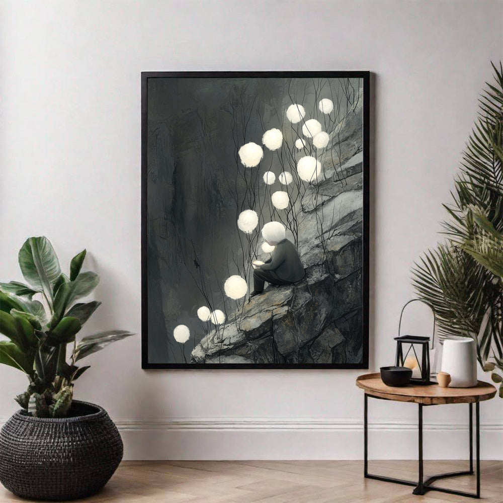 Wadi Home artwork: Solitary reader on rocky cliff surrounded by glowing orbs, muted colors, atmospheric, mysterious.